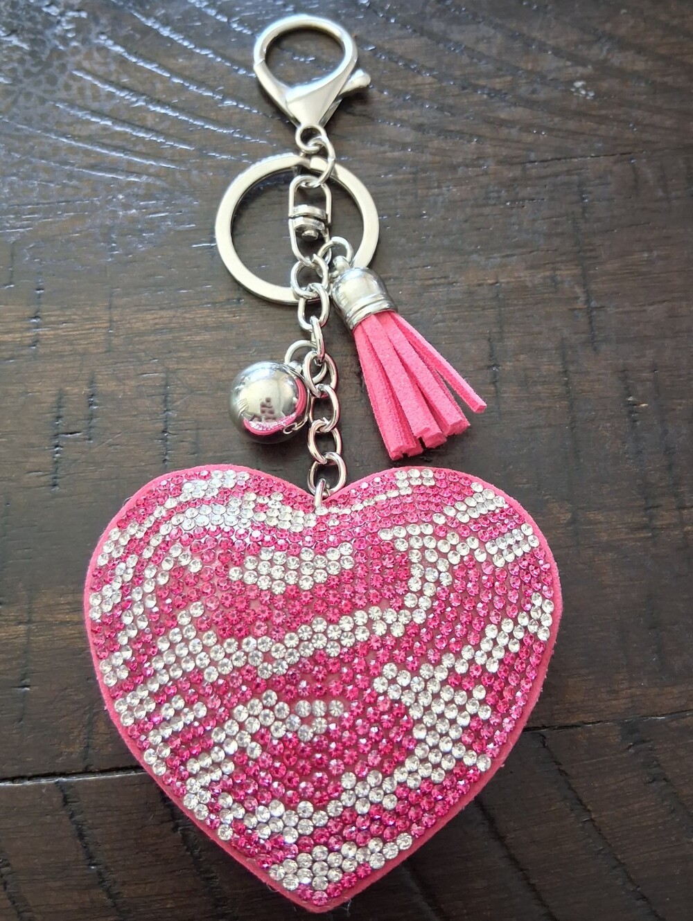 Pink Rhinestone Heart Silver Keychain Bag Charm